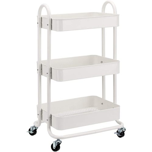 Amazon Basics 3-Tier Rolling Utility Cart, Storage Organizer, Lockable Wheels, Multifunctional Storage, Portable Mobile Shelving Unit, White