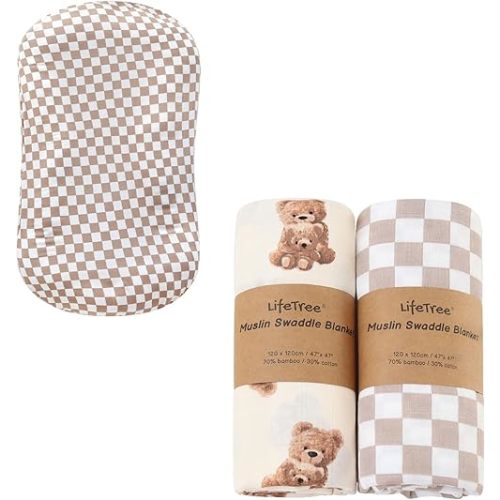 LifeTree Muslin Swaddle Blankets Neutral, Baby Lounger Cover for Boys & Girls Newborn, Soft 70% Viscose from Bamboo and 30% Cotton, Large 47 x 47 inches, Bear & Checkered Coffee