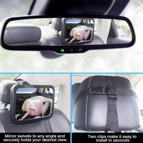 Shynerk Baby Car Mirror, Safety Car Seat Mirror for Rear Facing Infant with Wide Crystal Clear View, Shatterproof, Fully Assembled, Crash Tested and Certified - Black