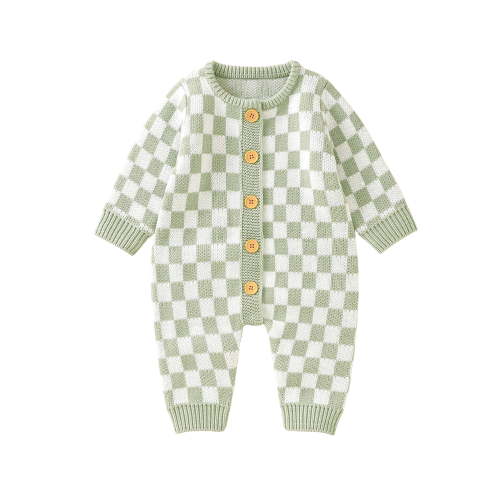 Bagilaanoe Newborn Baby Girl Boy Knitted Jumpsuit Long Sleeve Checkerboard Print Bodysuit 3M 6M 12M 18M 24M Infant Casual One Piece Rompers