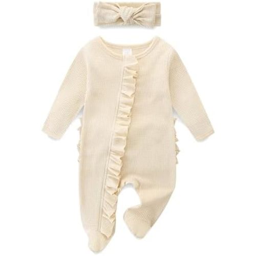 Newborn Baby Girl Ruffle Footie Romper Fall Winter Spring Coming Home Outfit One-piece Knit Jumpsuit with Bow Headband