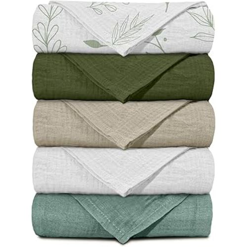 Muslin Receiving Blankets, Neutral Blanket Swaddling for Newborn Boys and Girls, 5 Pack Breathable and Skin-Friendly Swaddle Wrap for Infant Baby (Bright Leaves)