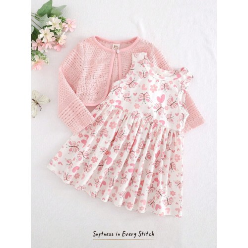 Cozy Pixies 2pcs/Set Baby Girl Solid Knit Soft Cardigan Sweater & Floral Print Round Neck Sleeveless Waisted Dress Set Baby Girl Butterfly Dress 2 Piece Baby Girl Outfit 2 Piece Baby Girl Dress Baby Girl Clothes Infant Dress With Cardigan Fall Winter | SH