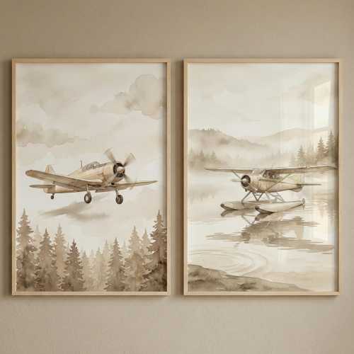 Vintage Airplane Nursery Wall Art Set of 2, Watercolor Aviation Decor, Sepia Adventure Room Prints, Seaplane Forest Art, 2 Piece Wall Decor