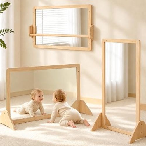 Montessori Mirror with Pull Up Bar, Large 38.2 x 23.6 in Natural Wood & Shatter-Resistant Acrylic Baby Mirror for Tummy Time, Horizontal/Vertical Floor Use, Wall Mounting and Pull-to-Stand