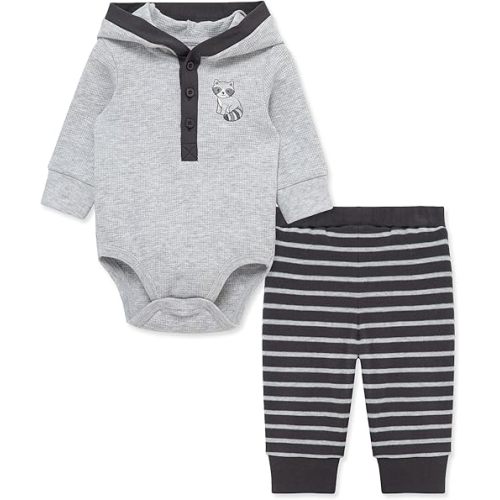 Little Me Baby Boys' 2-Piece 100% Cotton Hooded Onesie and Pant Set, 0-24 Months