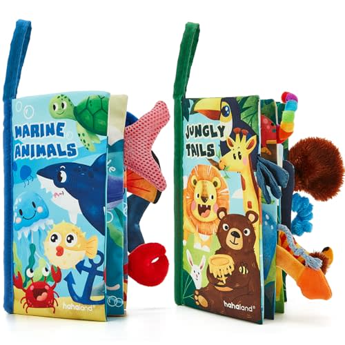 hahaland Baby Toys 0-6 Months - Crinkle Books for Babies 2-Pack, Soft Cloth Sensory Touch Feel Baby Book 6-12 Months, Infant Tummy Time Toys 3 Month Newborn Baby Boys Gifts Christmas Stocking Stuffers