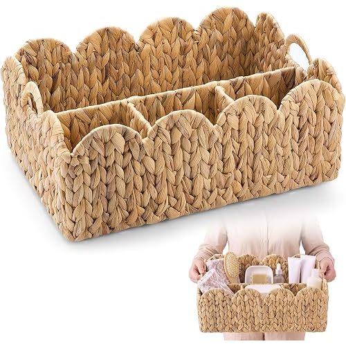Acellegic Scalloped Edge Wicker Basket Divided Storage Hand Woven Rattan Basket Tray for Bathroom Bedroom Kitchen Shelves Office Decor Organization(4 Compartments,Natural,Water Hyacinth)