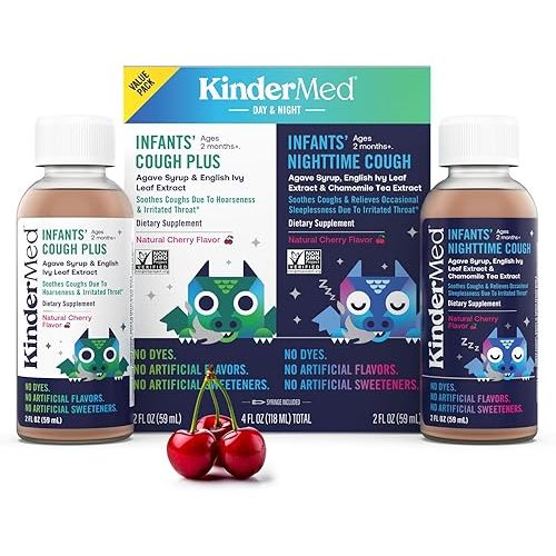 KinderMed Infants' Cough Day & Night Value Pack - Organic Agave Syrup and English Ivy Leaf Extract - No Dyes, No Artificial Flavors or Sweeteners - for Ages 2 Months+ - Natural Cherry Flavor, 2 Fl Oz