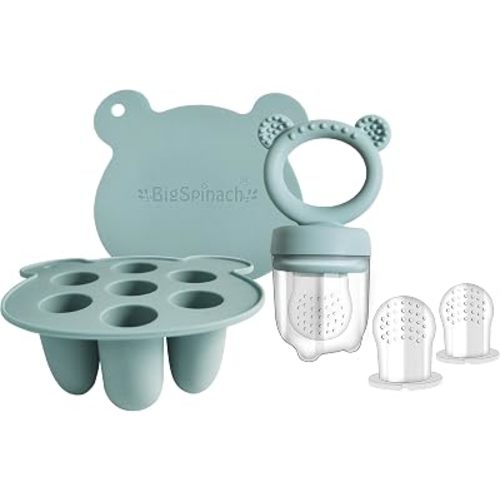 BigSpinach Silicone Baby Food Freezer Tray with Teething Popsicle Molds - Baby Fruit Feeder and Breastmilk Teether Combo
