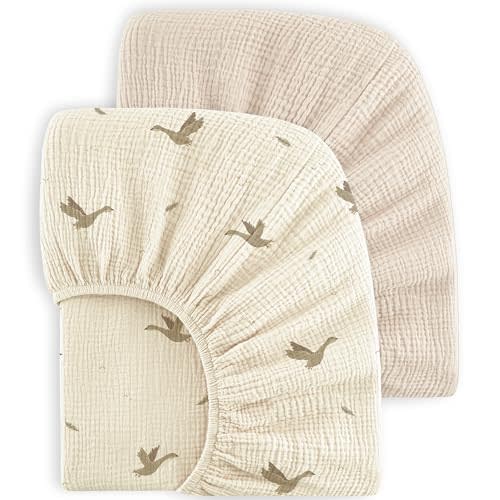Bearmoss Muslin Crib Sheets - 100% Cotton Baby Crib Sheets Fitted for Standard Crib Mattress & Toddler Bed Mattress 52"x28" Soft Breathable Crib Sheet Neutral for Boys Girls - 2 Pack (Goose White)