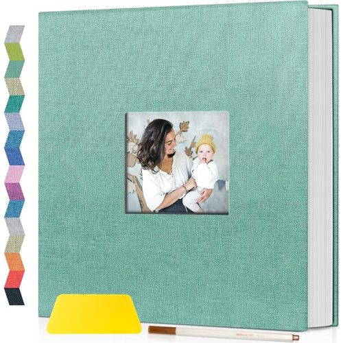 popotop Photo Album Self Adhesive with Picture Display Window,40 Pages DIY Scrapbooking Supplies Kit for 4x6 8x10 Picture,Linen Cover Memory Book for Baby Wedding, with Scraper and Metallic Pen