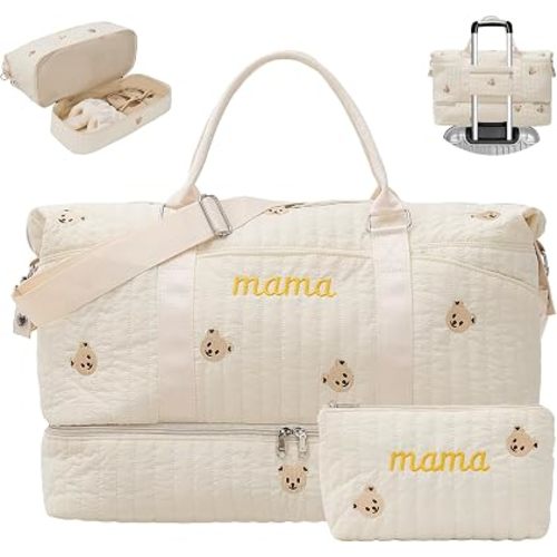 Mama Maternity Hospital Bag Essentials for Women Labor Delivery Baby Diaper Organizer with Shoe Compartment & Toiletry Pouch Travel Duffle Bag for Pregnancy Mommy Weekender Overnight Gifts,Beige Bear