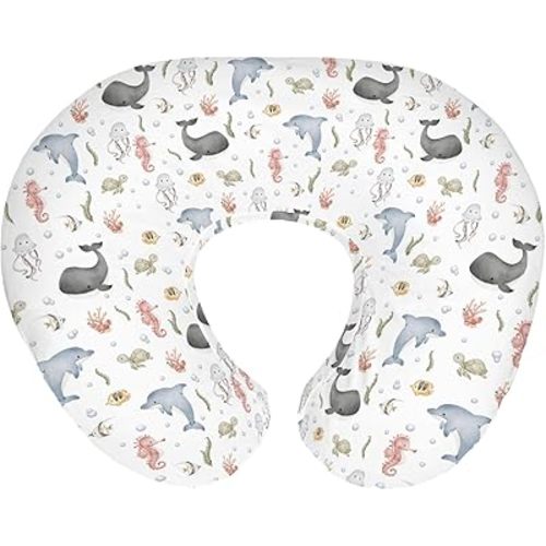 Watercolor Sea Animals Baby Nursing Pillow Covers for Boy Girl Whale Dolphin Turtle Jellyfish Coral Nursery Pillowcase for Breastfeeding Pillows Ocean Marine Soft Stretchy Slipcover for Newborn Infant