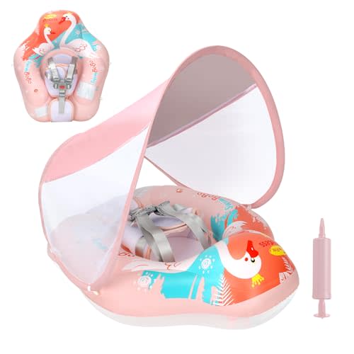 Free Swimming Baby Inflatable Baby Swim Float with Sun Canopy Size Improved Infant Pool Floaties Swimming Pool Toys for The Age of 3-36 Months