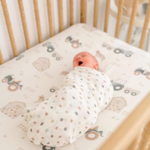 Charlie Farmhouse Tractor Crib Fitted Sheet for Baby Nursery - Crane Baby | Maisonette