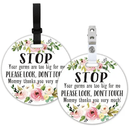 Do Not Touch Baby Signs, 2 Pack Greenery Stop No Touching Baby Car Seat Sign or Stroller Tag, Baby Car Safety Signs Tags for Newborn Baby Stroller Backpack. (5 Inches)