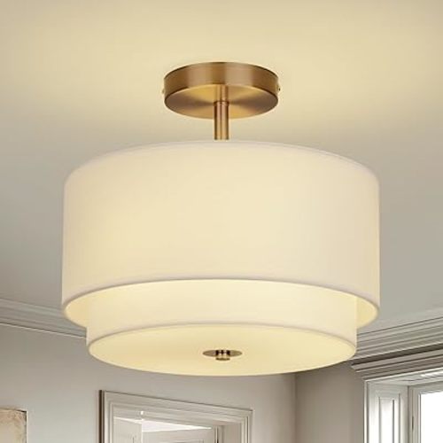 Vexagyle Gold Light Fixtures Ceiling Mount,12.6'' Semi Flush Mount Ceiling Light Fixtures,Nursery Light Fixture with 2-Layer White Shade,Modern Drum Ceiling Lights for Bedroom,Living Room,Hallway