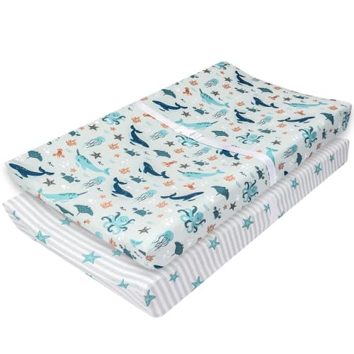 My Little Zone Nautical Changing Pad Cover for Boys - Cotton Changing Table Mattress Pad for Baby - Ocean Whales, Narwhals and Star Fishes, 2 Pack