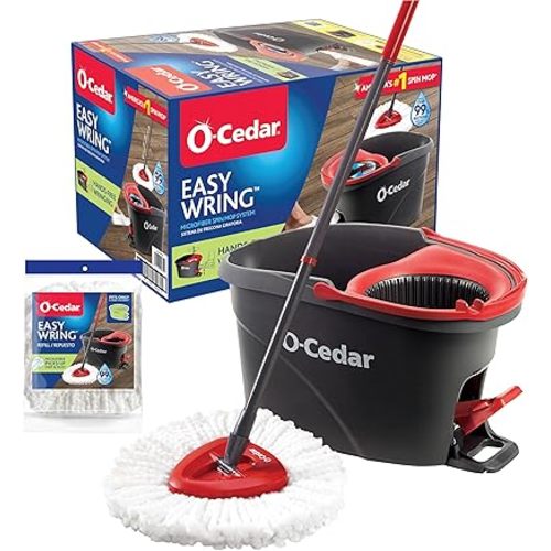 O-Cedar Easywring Microfiber Spin Mop & Bucket Floor Cleaning System with 1 Extra Refill,Red / Gray