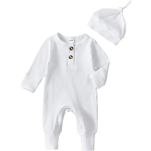 Neutral Baby Clothes Newborn Girl Boy Coming Home From Hospital Outfit Cute Ribbed Knit One-Piece Romper Jumpsuit Hat