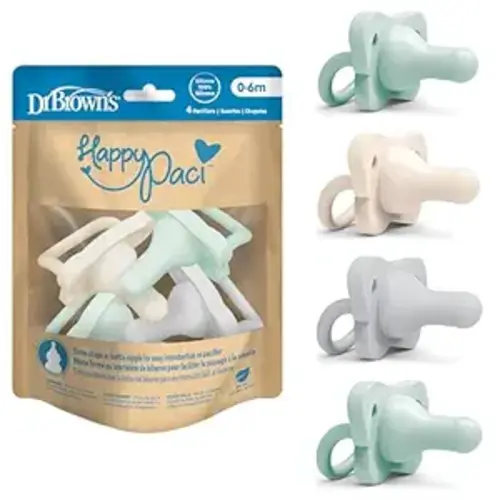 Dr. Brown's HappyPaci 100% Silicone Baby Pacifier, Contoured One-Piece Design, Gray, Green, Ecru, 0-6m, BPA-Free, 4-Pack