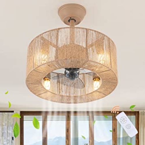 Yaretro Caged Ceiling Fan with Lights Remote Control Boho Style Farmhouse Enclosed Blades Fan with Lighting Reversible Motor Adjustable for Living Room Bedroom Dining Room 18" Hemp Rope Weaving