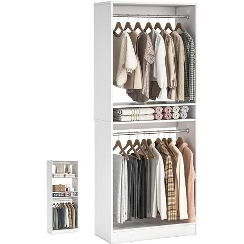 Unikito Freestanding Closet System, 25” Closet Organizer Wardrobe with Hanging Rods & Shelve, Adjustable Clothes Garment Rack, Sturdy Walk in Closet Tower, Easy Assembly, 25" W x 16" D x 80" H, White