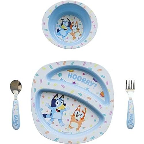 The First Years Bluey 4-Piece Place Setting - BPA Free Dishwasher Safe Toddler Dinnerware Set with Divided Plate, Bowl, Fork, Spoon - Multicolor