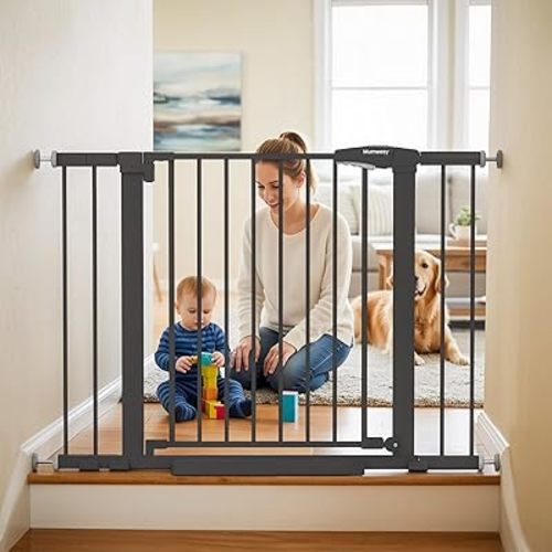 Baby Gate for Stairs, 29.7-43" Auto Close Dog Gate for Doorways & Hallways, Pressure Mounted Pet Gate with Walk Thru Door, Easy Install Safety Gate for Children & Pets, No Drilling, Dual-Lock Design