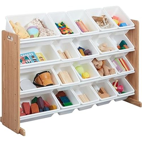 ECR4Kids 4-Tier Organizer with 20 Bins, Toy Storage, Dark Natural/White