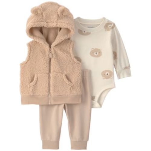 Baby Boys' Bear Teddy Fleece Layering Long-Sleeve Bodysuit, Vest and Pants, 3-Piece Set