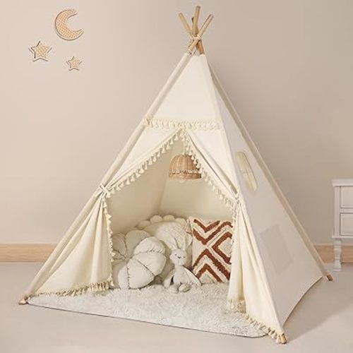 Sumbababy Kids Teepee Tent - Natural Canvas Playhouse with Fringe, Washable Fabric, Tipi Sleepover Tent, Includes Carry Bag, Lights & Colorful Flags - Perfect for Indoor & Outdoor Fun