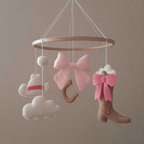 Coquette Cowgirl Baby Mobile, Pink Bow Crib Mobile, Western Baby Girl Nursery Decor, Cowboy Boot Horseshoe Hanging, Cowgirl Baby Shower Gift