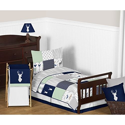 Navy Blue, Mint and Grey Woodsy Deer Boys Toddler Bedding 5 Piece Comforter Sheet Set