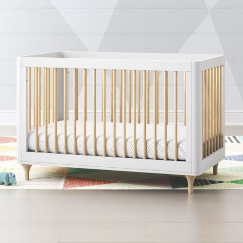 Babyletto Lolly White & Natural Wood 3-in-1 Convertible Baby Crib with Toddler Bed Conversion Kit