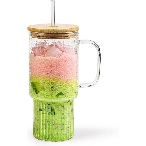 32oz Ribbed Glass Cup with Handle Lid and Straw, Borosilicate Glass Tumblers, Iced Coffee Cups Modern Glass Mug Hot/Cold Drinks for Smoothies, Tea, and Juice (clear-1 Pack-Bamboo Lid)