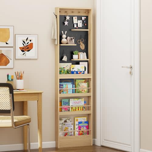 ELECWISH Kids Bookshelf, Behind The Door 70" Tall Bookcase with Open Display Shelves, Wall Mounted Space-Saving Narrow Book Shelf with Pegboard for Children's Study Living Room, Nursery