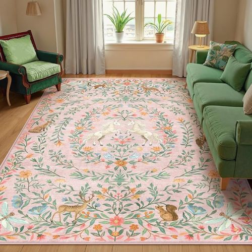 Machine Washable 5x7 Area Rugs for Living Room, Non Slip Soft Low Pile Unicorn Floral Farmhouse Moroccan Vintage Animal Playroom Girls Rugs for Bedroom, Large Carpet Rugs for Nurseries(Pink,5'x7')