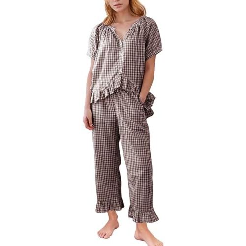 Flygo Women's Cotton Gingham Pajama Set 2 Piece Ruffle Lounge Sleepwear