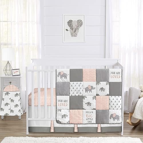 Sweet Jojo Designs Blush Pink, Grey and White Watercolor Elephant Safari Baby Girl Crib Bedding Set - 4 Pieces