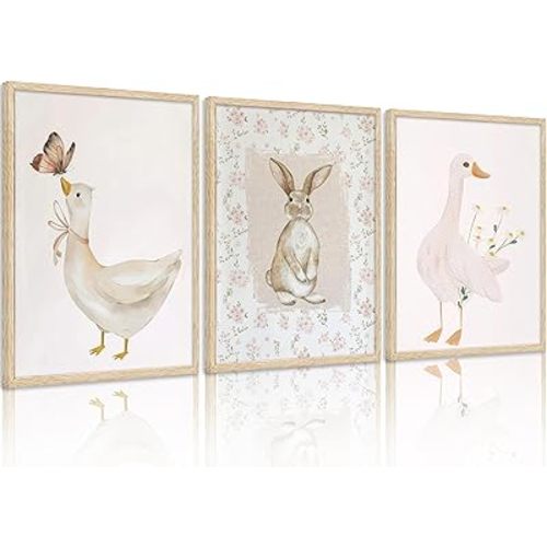 VZKRHPGA 3Pcs Animal Nursery Wall Art Cute Pink Goose And Bunny Painting Picture Wall Decor Pink Printed Retro Animals Poster Print Artwork for Kids Boys Room Bedroom Decorate,Unframed