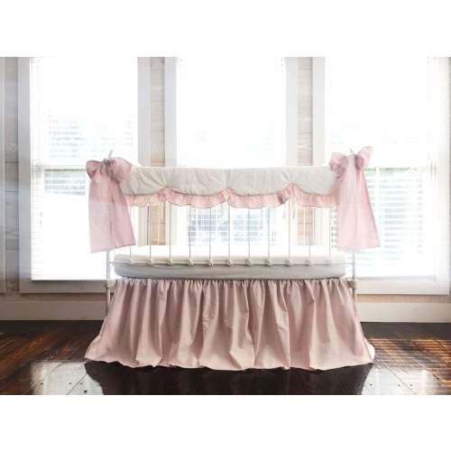 White & Baby Pink Scalloped Crib Bedding Set with Farmhouse Skirt