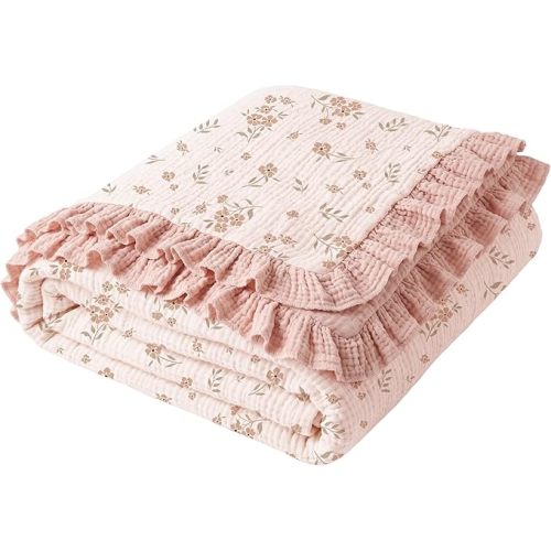 Konssy Flounce Muslin Baby Blanket for Girls Boys 47 x 47 Inches, 100% Cotton Soft Crib Swaddle Blankets, Reversible & Breathable Nursery Bedding for Newborns Toddlers (Blossom)