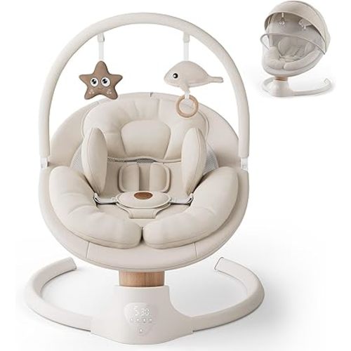 Baby Swings for Infants, FasonBaby Electric Baby Swing with Music Speaker, 5 Speeds, Remote Control and Bluetooth - Portable Infant Swing for Indoor and Outdoor (Beige)