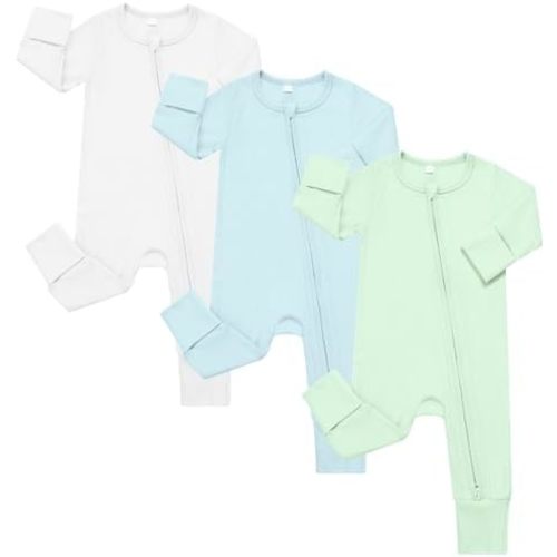 Bafeicao 3 Pack Baby Boy Girl Rompers with Mitten Cuffs, Ribbed Cotton 2 Way Zipper Romper One Piece Jumpsuits Clothes