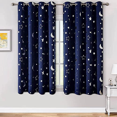 WUBODTI Navy Blue Star Curtains Blackout Kids Room Curtain 2 Panel Sets 63 Inch Length, Silver Star and Moon Patterned Short Curtains Grommets Thermal Insulated Space Drapes for Boys Bedroom