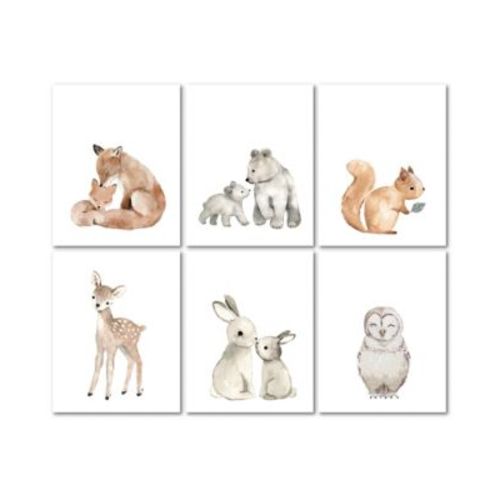 Watercolor Woodland Animals 6-Piece Unframed Nursery Wall Art Decor