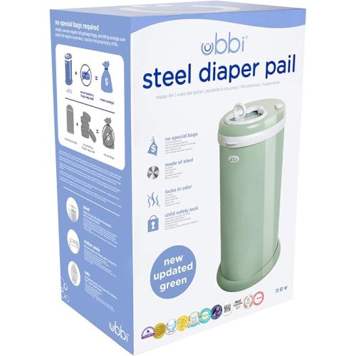 Ubbi Steel Diaper Pail, Odor Locking, No Special Bag Required, Award-Winning, Registry Must-Have, Sage Green