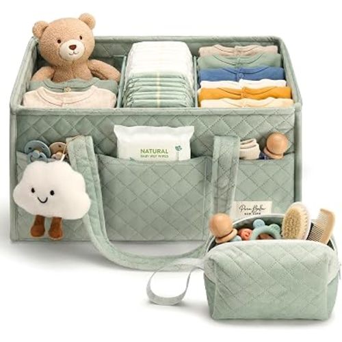 Baby Diaper Caddy Organizer, Baby Basket Shower Gift, Portable Changing Table Basket, Postpartum Caddy & Tote Bag Pouch, Newborn Boy & Girl Nursery Essentials Registry, Car Diaper Organizer